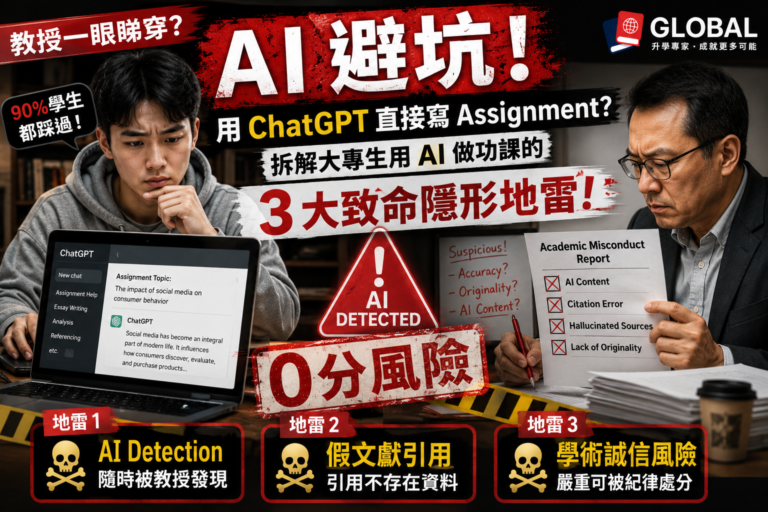 大專學生在電腦前看著 ChatGPT 介面露出焦慮神情，配圖拆解用 AI 直接寫 Assignment 做功課的 3 大致命隱形地雷與學術誠信風險