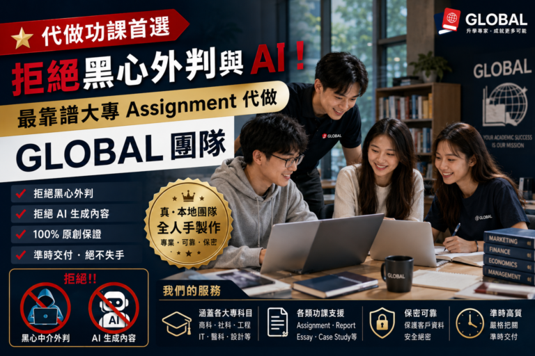 Homework Global 專業團隊的真人導師正在認真批改大專 Assignment，配圖宣傳拒絕黑心外判與 AI 的最靠譜代做功課首選服務
